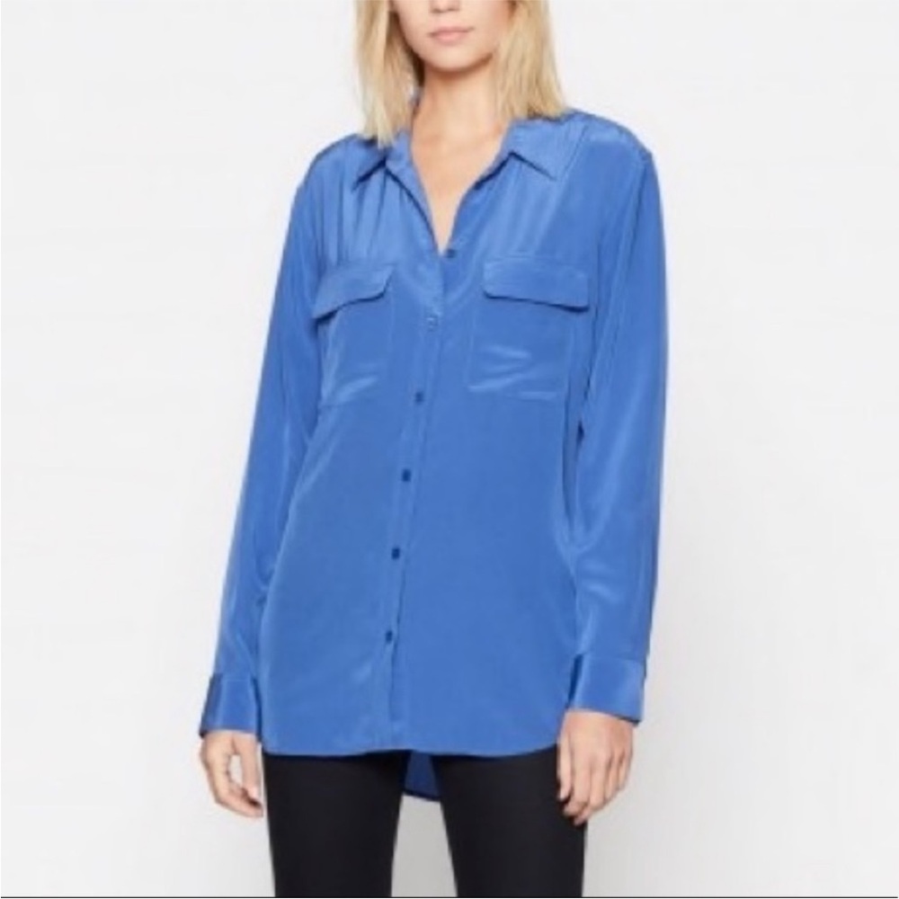 EQUIPMENT Signature Silk long sleeve button up top in blue, size XS